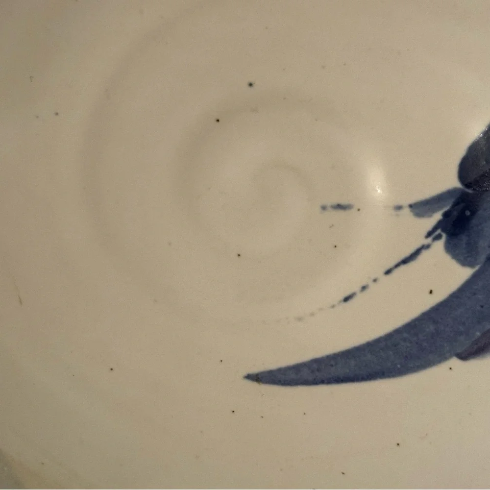 BOWL ASIAN STYLE TRANQUILITY FLORAL WHITE BLUE POTTERY SIGNED HANDMADE